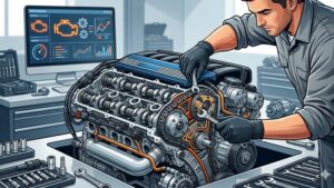 Современная иллюстрация двигателя BMW с акцентом на систему VANOS для статьи о ремонте